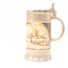 Vintage beer stein showcasing a winter landscape with a windmill and joyful ice-skating scene.