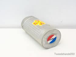 Retro Pepsi can with iconic logo and colorful stickers, a nostalgic collectible from the 80s.