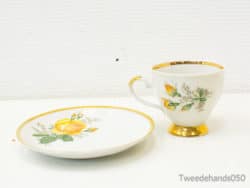 Elegant porcelain teacup and saucer with yellow rose design and gold accents for refined occasions.