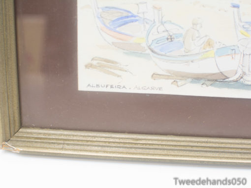 Serene watercolor of Albufeiras fishing boats, capturing coastal tranquility and maritime charm.