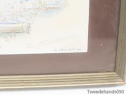 Vibrant 1980 watercolor of Albufeira boats, capturing tranquil coastal charm and nostalgia.