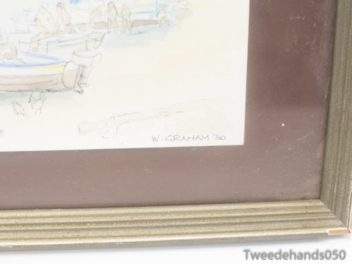 Vibrant 1980 watercolor of Albufeira boats, capturing tranquil coastal charm and nostalgia.