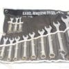 12-piece ring and open-end wrench set in organized black pouch for versatile use.