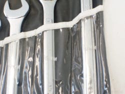 12-piece chrome wrench set in a clear pouch for easy organization and portability.