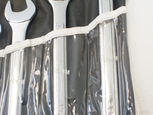 12-piece chrome wrench set in a clear pouch for easy organization and portability.