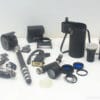 Vintage photography tools and accessories for creative professionals, including lenses, filters, and portable equipment.