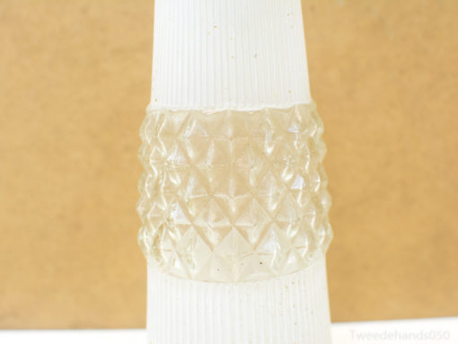 Chic frosted glass vase with elegant diamond-patterned band, ideal for sophisticated home decor.