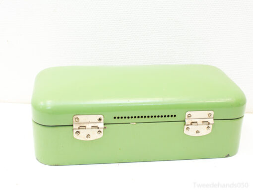 Vintage pastel green storage box with metal clasps, perfect for decor and organizing small items.