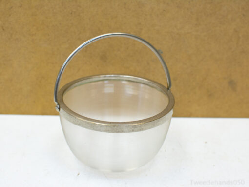 Charming vintage glass bucket with a metal handle, ideal for decor and serving treats.