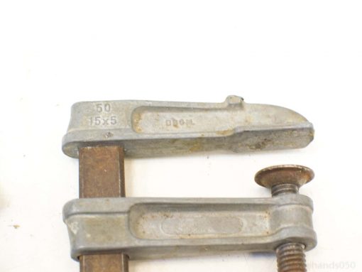Rusted vintage C-clamp, 50mm opening, ideal for woodworking and metalworking projects.