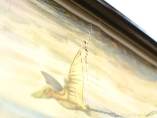 Vibrant vintage pterosaurus painting in flight, highlighting artistic history with a unique crack.