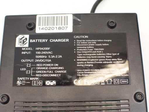 Powerful HP0420BF 24V battery charger with LED indicators and essential safety features for indoor use.
