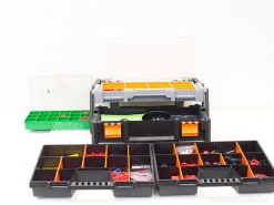 Stylish black and orange toolbox for efficient organization of tools and small parts.
