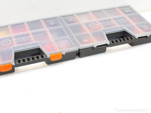Clear tool organizers with orange clips for efficient storage and easy access to components.