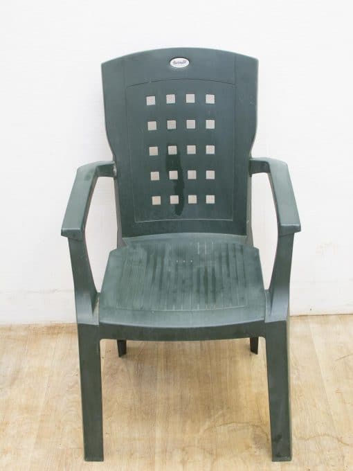 Durable dark green plastic chair with armrests, perfect for indoor and outdoor casual use.