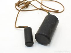 Cylindrical plumb bobs connected by cord for precise measurements in construction and crafts.