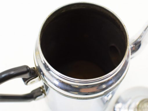 Sleek stainless steel coffee pot with black handle, ideal for coffee enthusiasts and stylish kitchens.