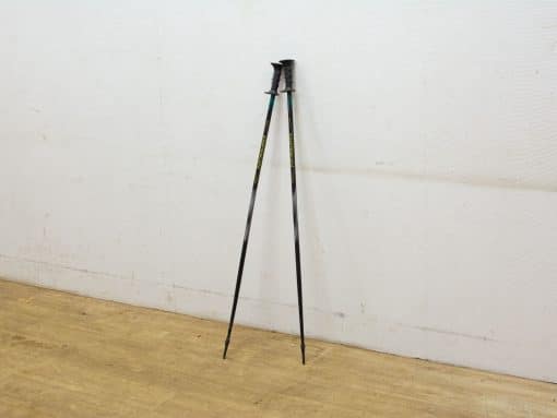 Lightweight black trekking poles with teal accents for comfort and style on outdoor adventures.