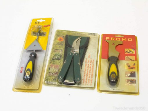Ergonomic gardening tool set featuring a cultivator, pruner, and scraper for effective garden care.
