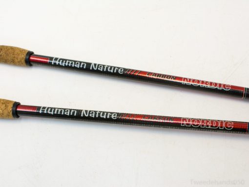 Lightweight carbon Nordic walking poles with ergonomic cork grips for outdoor enthusiasts.