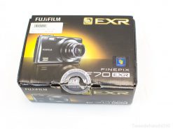 Sleek Fujifilm FinePix F70EXR packaging highlights advanced photography features for enthusiasts.