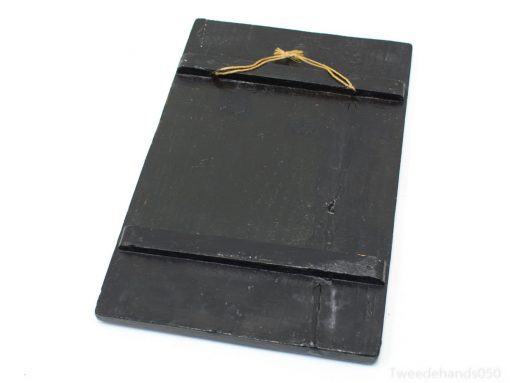 Vintage black wooden chalkboard with twine loop for decorative and creative use.