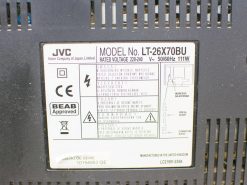 JVC LT-26X70BU TV label with power specs, safety symbols, and UK manufacturing details.