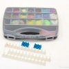 Colorful loom bands and tools for creative bracelet-making and DIY crafts.