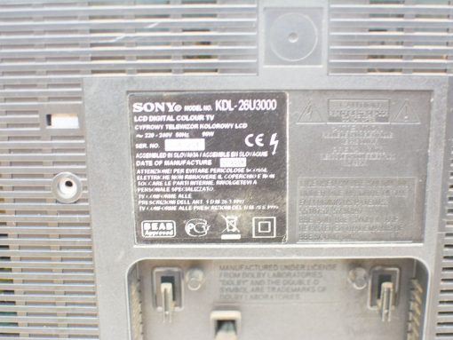 Sony KDL-26U3000 LCD TV back panel with electrical specs and multilingual safety warnings.