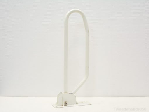 Stylish white metal wall support handle for safety and stability in accessible spaces.