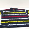 Vibrant navy polo shirt with bold yellow, red, and white stripes for stylish comfort.