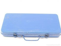 Vintage blue metal toolbox with handle, perfect for securely storing tools and supplies.
