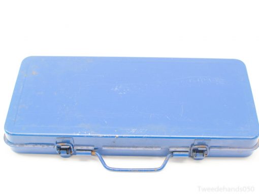 Vintage blue metal toolbox with handle, perfect for securely storing tools and supplies.