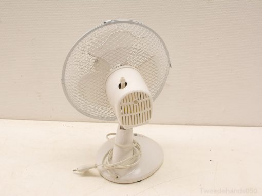Compact white table fan for efficient cooling in small spaces, perfect for home or office.