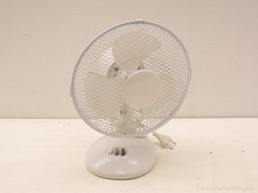 Elegant white desk fan for efficient cooling in small spaces, featuring adjustable airflow settings.