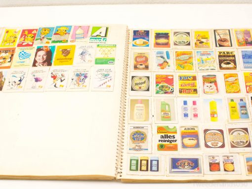 Colorful vintage product labels from the 1950s showcasing nostalgic designs and creativity.