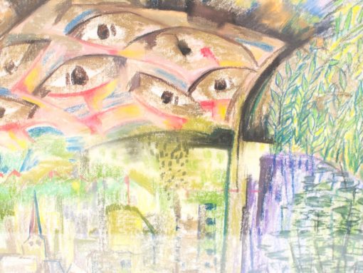 Surreal artwork featuring watchful eyes over a dreamlike scene of nature and urban life.