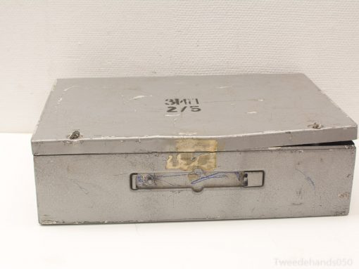 Vintage metal storage box marked 3M11 2/5, perfect for functional storage and unique decor.