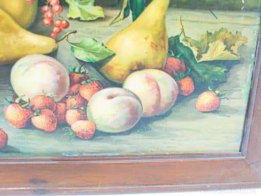 Colorful still life of peaches and strawberries showcasing natures abundance and beauty.