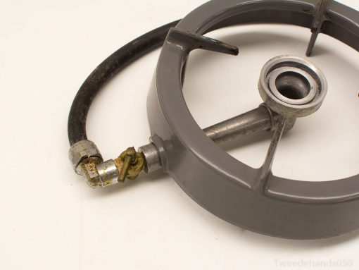 Vintage gas burner with durable metal design, flexible hose, and secure connection for efficient cooking.