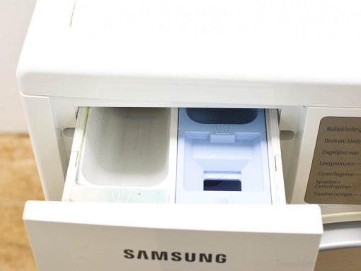 Samsung washing machine drawer featuring organized compartments for detergent and fabric softener usage.