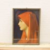 Portrait of a woman in a red hood, exuding elegance and timeless beauty.