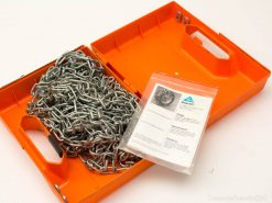 Bright orange tool case with sturdy chains and protective documentation for effective storage and transport.