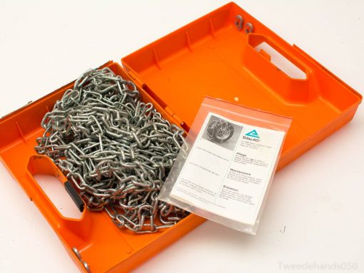 Bright orange tool case with sturdy chains and protective documentation for effective storage and transport.