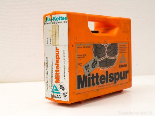 Durable orange case for winter driving accessories, featuring tire chains and safety certifications.