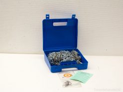 Blue toolbox with heavy-duty chains and informative documents for outdoor and machinery use.