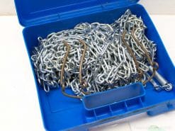 Vintage chain set in blue storage box, featuring galvanized steel chains and brown connectors.