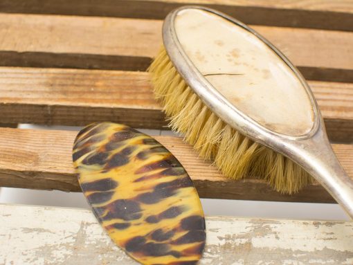 Vintage grooming tools set featuring elegant brush and tortoiseshell-like comb, showcasing classic craftsmanship.