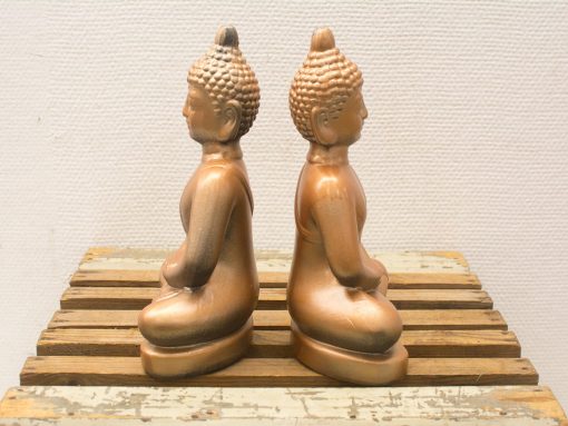 Serene back-to-back Buddha statuettes on rustic wood, exuding calm and meditation.