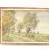Tranquil pastoral landscape painting featuring trees and a winding path, perfect for serene decor.